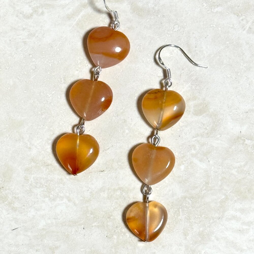 2/$20, Genuine Orange Agate Stone Heart Silver Dangle Earrings - Picture 2 of 11